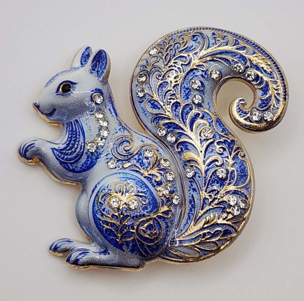 Blue & White Porcelain Style Squirrel Brooch with Enamel Patterns & Rhinestones